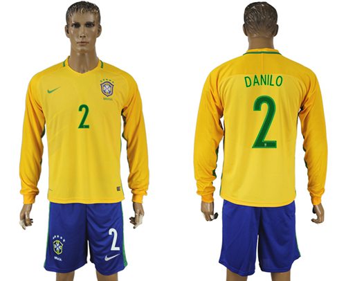 Brazil 2 Danilo Home Long Sleeves Soccer Country Jersey