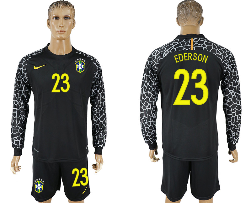 Brazil 23 EDERSON Black Goalkeeper 2018 FIFA World Cup Long Sleeve Soccer Jersey