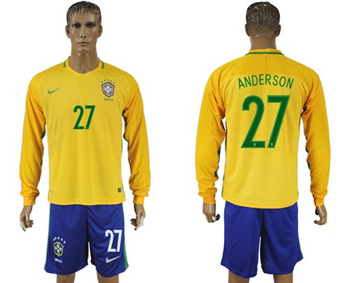 Brazil 27 Anderson Home Long Sleeves Soccer Country Jersey