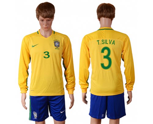 Brazil 3 T Silva Home Long Sleeves Soccer Country Jersey