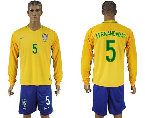 Brazil 5 Fernandinho Home Long Sleeves Soccer Country Jersey