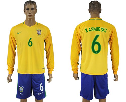 Brazil 6 Kasmirski Home Long Sleeves Soccer Country Jersey