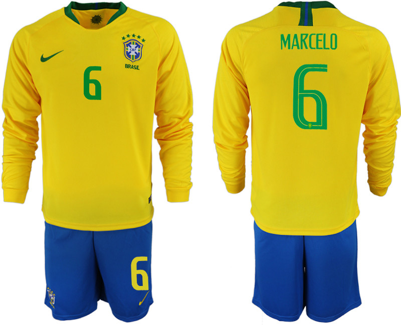 Brazil 6 MARCELO Home 2018 FIFA World Cup Long Sleeve Soccer Jersey