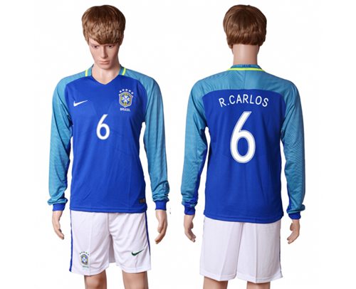 Brazil 6 R Carlos Away Long Sleeves Soccer Country Jersey