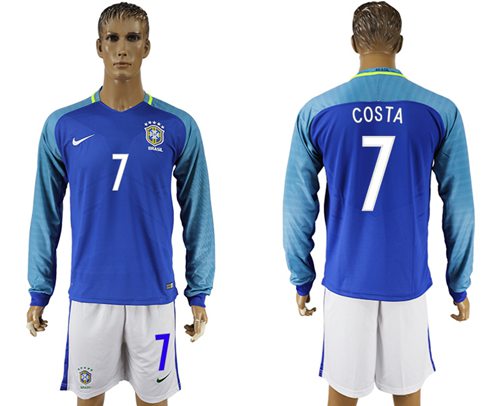 Brazil 7 Costa Away Long Sleeves Soccer Country Jersey