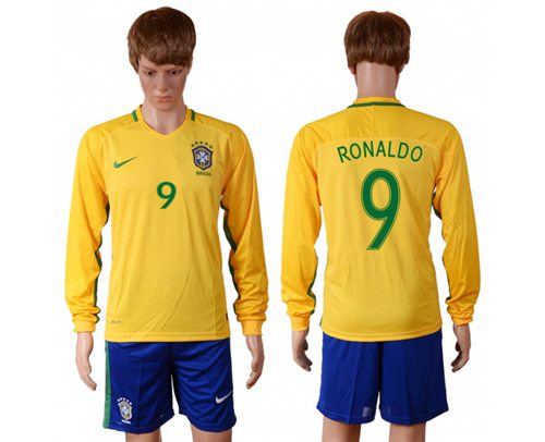 Brazil 9 Ronaldo Home Long Sleeves Soccer Country Jersey