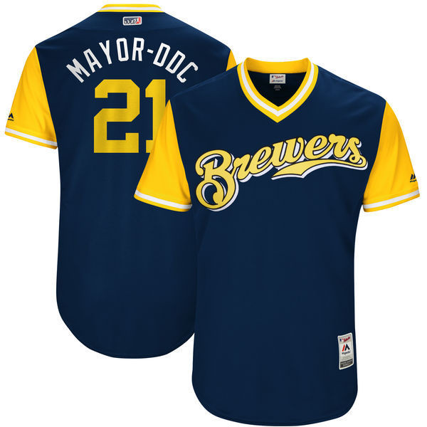 Brewers 21 Travis Shaw Mayor DDC Majestic Navy 2017 Players Weekend Jersey
