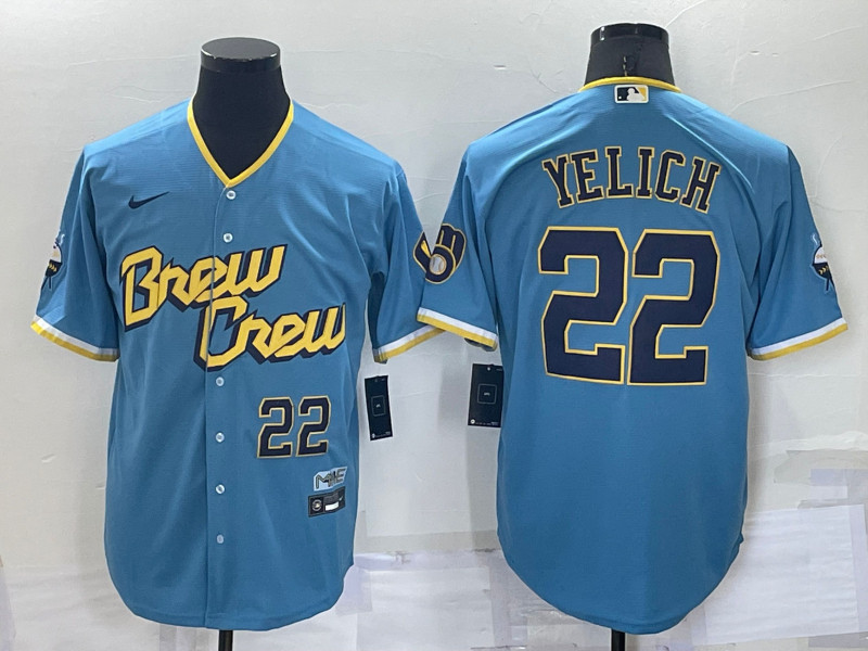 Brewers 22 Christian Yelich Blue Nike 2022 City Connect Cool Base Jersey