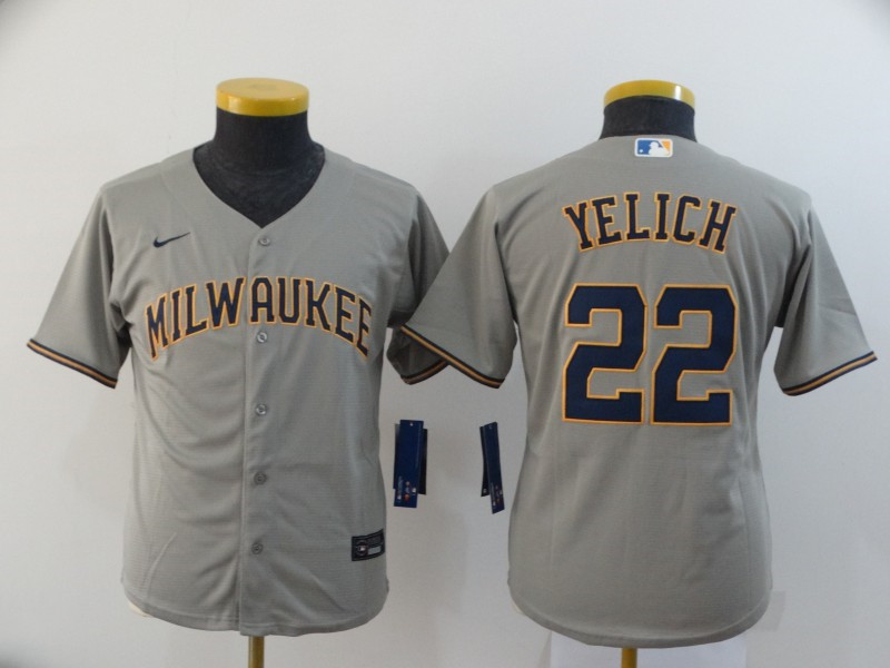 Brewers 22 Christian Yelich Gray Youth Nike 2020 Cool Base Jersey