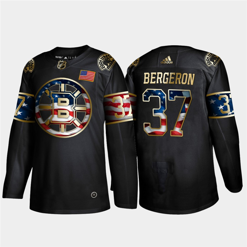 Bruins 37 Patrice Bergeron Black Gold USA Flag Adidas Jersey