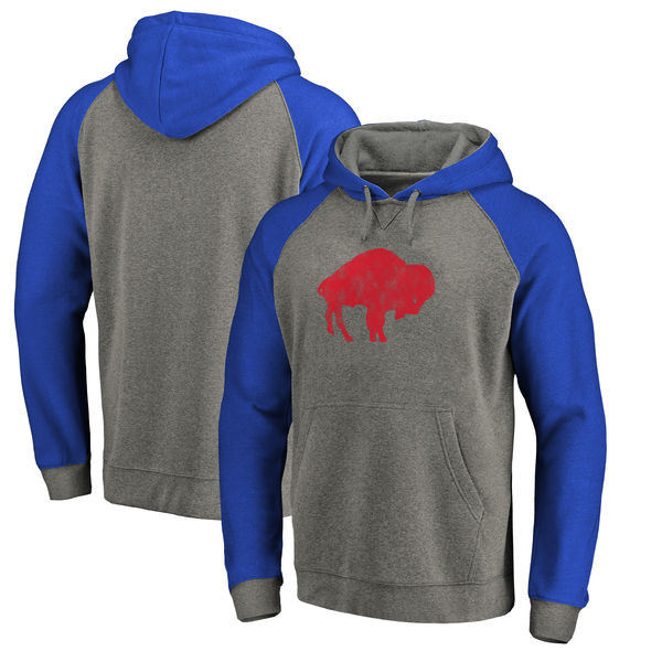 Buffalo Bills NFL Pro Line by Fanatics Branded Throwback Logo Tri Blend Raglan Pullover Hoodie Gray Royal