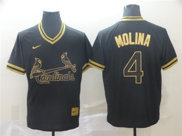 Cardinals 4 Yadier Molina Black Gold Nike Cooperstown Collection Legend V Neck Jersey