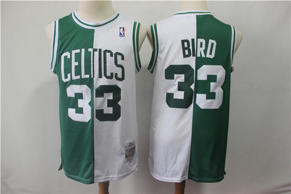 Celtics 33 Larry Bird Green White Split 1985 86 Hardwood Classics Jersey