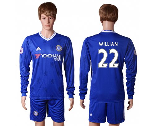 Chelsea 22 Willian Home Long Sleeves Soccer Club Jersey