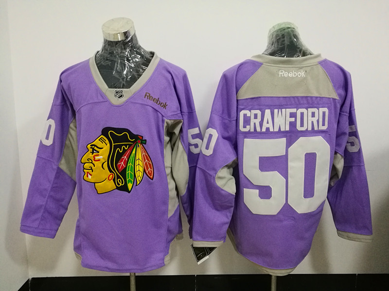 Chicago Blackhawks 50 Corey Crawford Purple Fights Cancer Practice Stitched NHL Jersey
