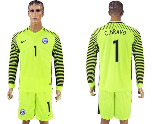 Chile 1 C Bravo Green Long Sleeves Goalkeeper Soccer Country Jersey