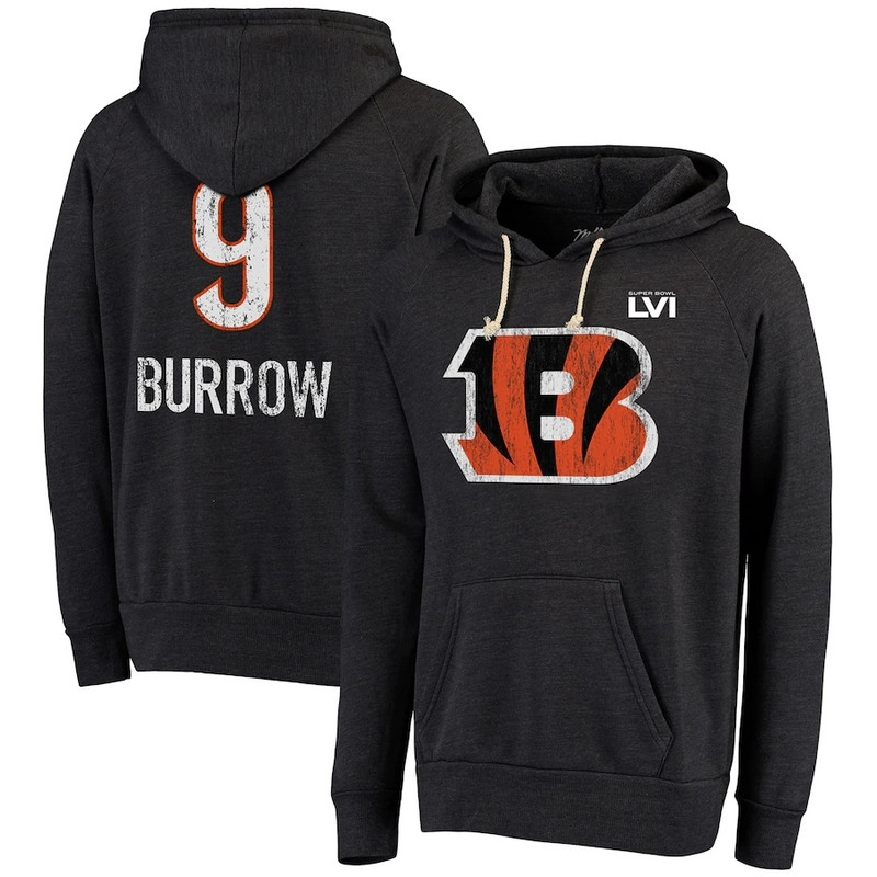 Cincinnati Bengals 9 Joe Burrow Majestic Threads Super Bowl LVI Bound Name & Number Pullover Hoodie Black