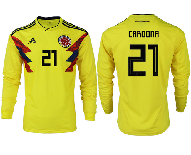 Colombia 21 CARDONA Home 2018 FIFA World Cup Long Sleeve Thailand Soccer Jersey