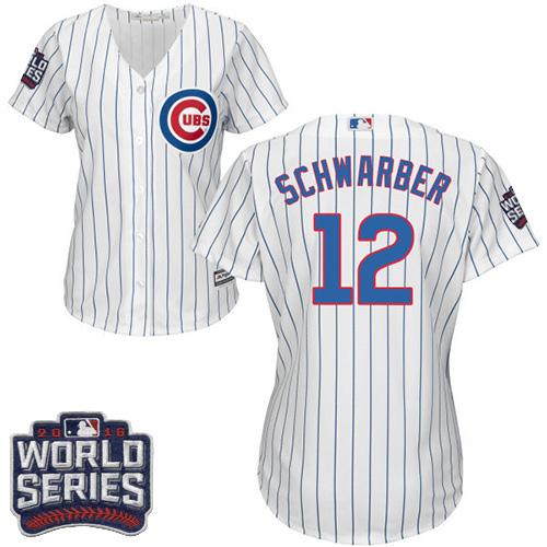 Cubs 12 Kyle Schwarber White Blue Strip Home 2016 World Series Bound Women Stitched MLB Jersey
