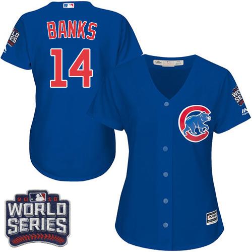 Cubs 14 Ernie Banks Blue Alternate 2016 World Series Bound Women Stitched MLB Jersey