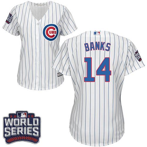 Cubs 14 Ernie Banks White Blue Strip Home 2016 World Series Bound Women Stitched MLB Jersey