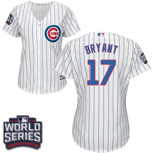 Cubs 17 Kris Bryant White Blue Strip Home 2016 World Series Bound Women Stitched MLB Jersey