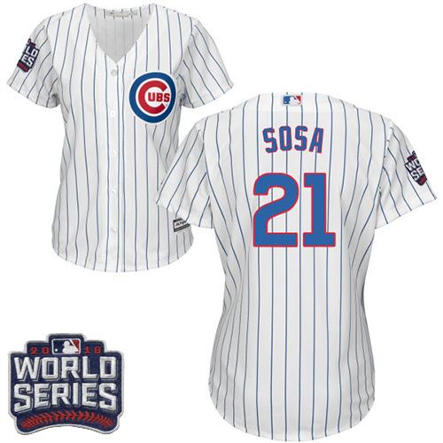 Cubs 21 Sammy Sosa White Blue Strip Home 2016 World Series Bound Women Stitched MLB Jersey