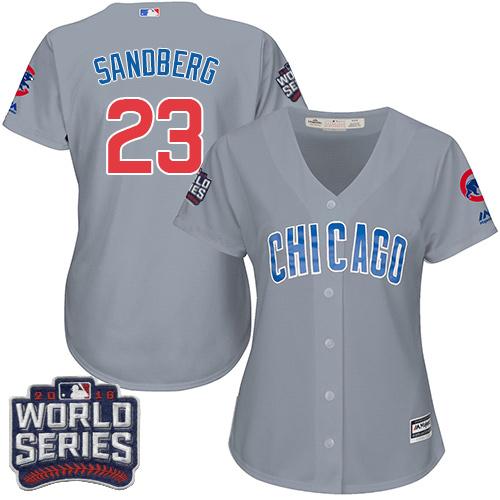 Cubs 23 Ryne Sandberg Grey Road 2016 World Series Bound Women Stitched MLB Jersey