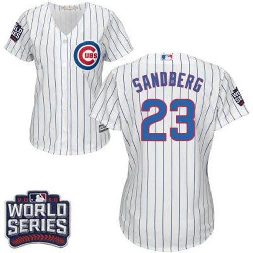 Cubs 23 Ryne Sandberg White Blue Strip Home 2016 World Series Bound Women Stitched MLB Jersey