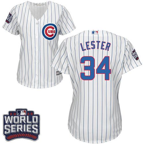Cubs 34 Jon Lester White Blue Strip Home 2016 World Series Bound Women Stitched MLB Jersey