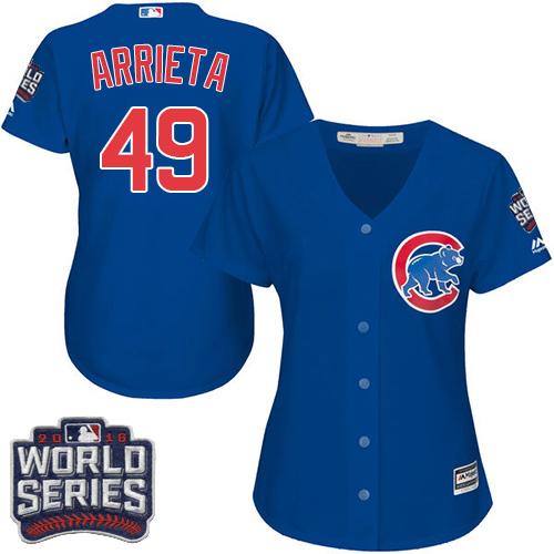 Cubs 49 Jake Arrieta Blue Alternate 2016 World Series Bound Women Stitched MLB Jersey