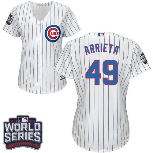 Cubs 49 Jake Arrieta White Blue Strip Home 2016 World Series Bound Women Stitched MLB Jersey