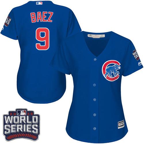 Cubs 9 Javier Baez Blue Alternate 2016 World Series Bound Women Stitched MLB Jersey