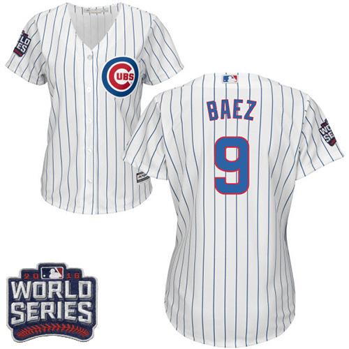 Cubs 9 Javier Baez White Blue Strip Home 2016 World Series Bound Women Stitched MLB Jersey