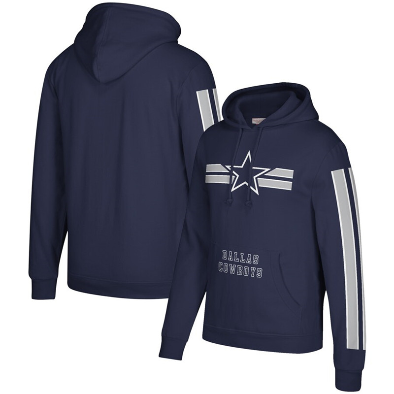 Dallas Cowboys Mitchell & Ness Three Stripe Pullover Hoodie Navy