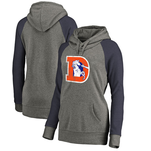 Denver Broncos NFL Pro Line by Fanatics Branded Women's Throwback Logo Tri Blend Raglan Plus Size Pullover Hoodie Gray Navy