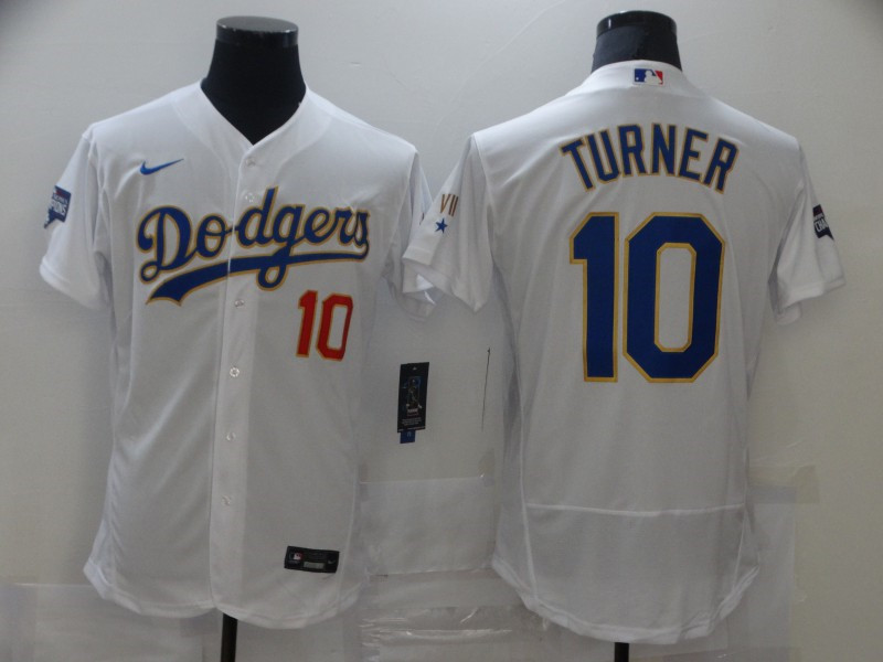 Dodgers 10 Justin Turner White Nike 2021 Gold Program Flexbase Jersey