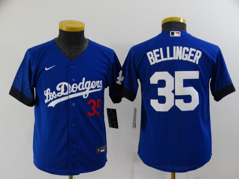 Dodgers 35 Cody Bellinger Royal Youth 2021 City Connect Cool Base Jersey