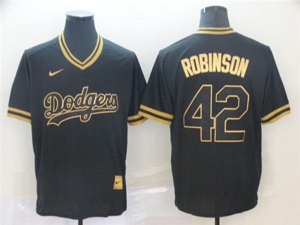 Dodgers 42 Jackie Robinson Black Gold Nike Cooperstown Collection Legend V Neck Jersey
