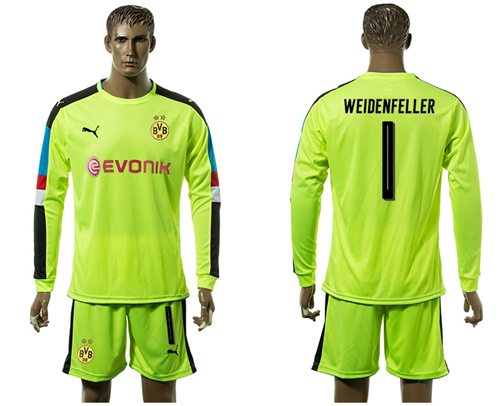 Dortmund 1 Weidenfeller Shiny Green Long Sleeves Goalkeeper Soccer Country Jersey