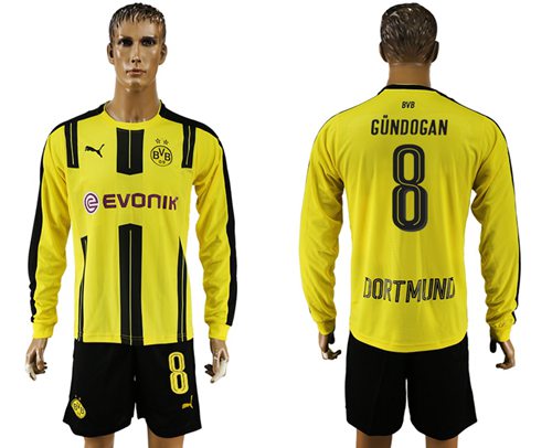 Dortmund 8 Gundogan Home Long Sleeves Soccer Club Jersey