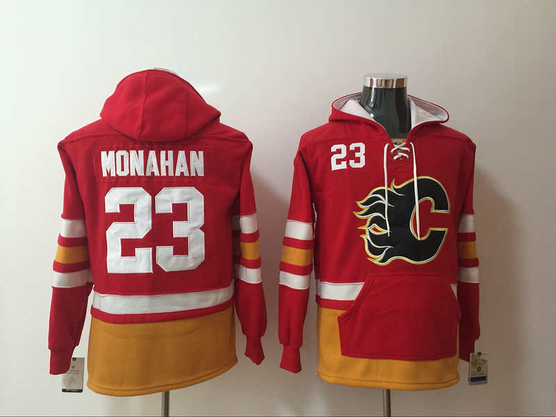 Flames 23 Sean Monahan Red All Stitched Hooded Sweatshirt