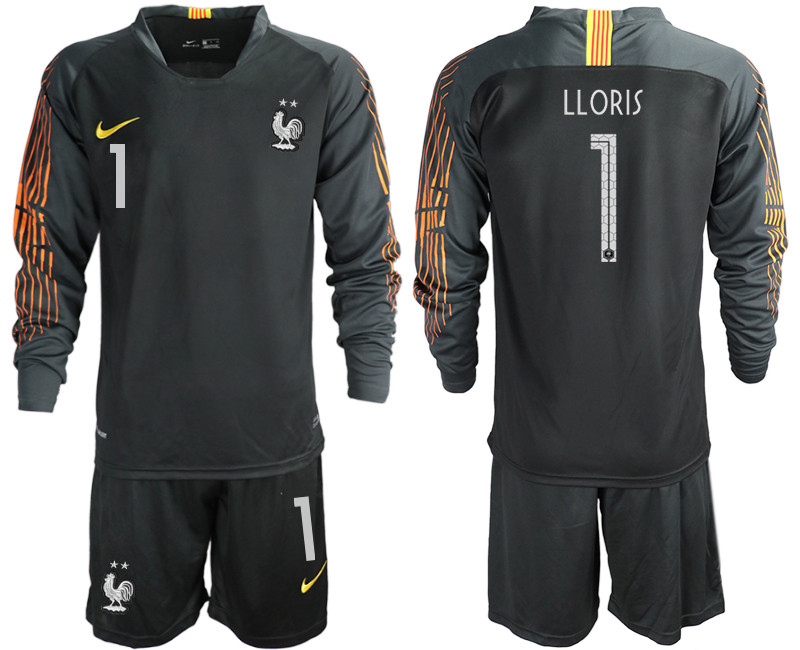 France 1 LLORIS 2 Star Black Long Sleeve 2018 FIFA World Cup Goalkeeper Soccer Jersey