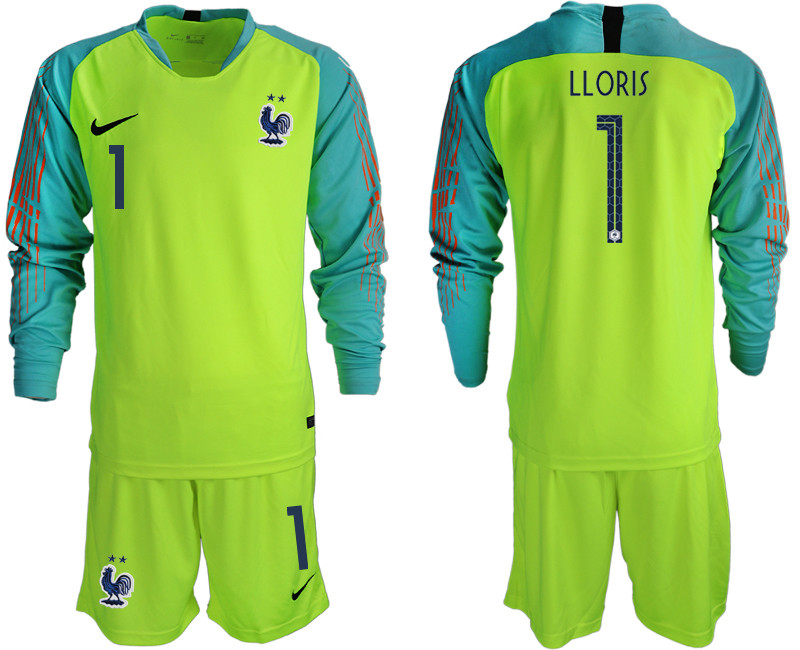 France 1 LLORIS 2 Star Fluorescent Green Long Sleeve 2018 FIFA World Cup Goalkeeper Soccer Jersey