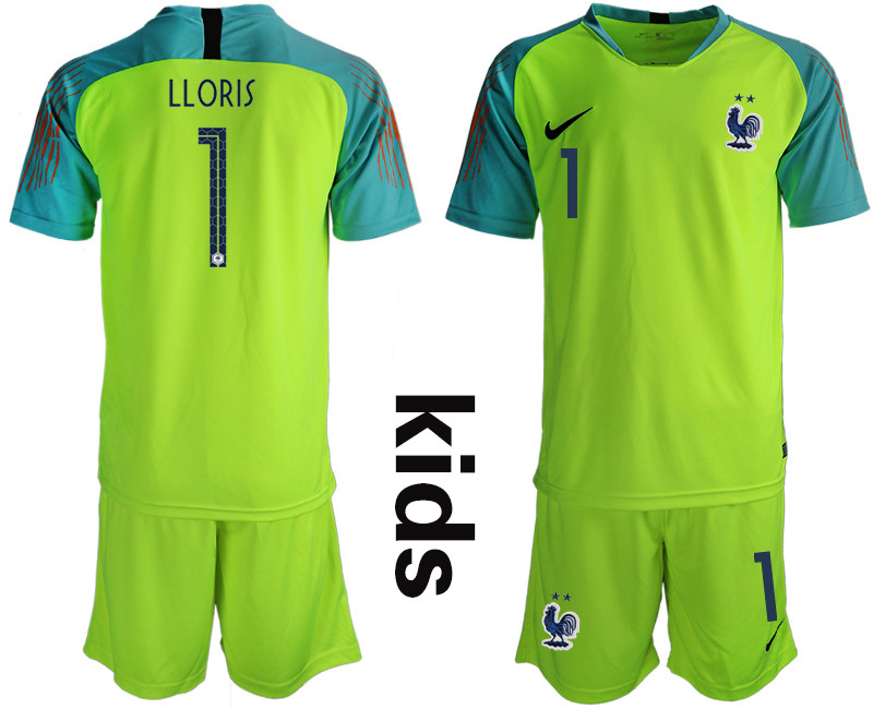 France 1 LLORIS 2 Star Fluorescent Green Youth 2018 FIFA World Cup Goalkeeper Soccer Jersey