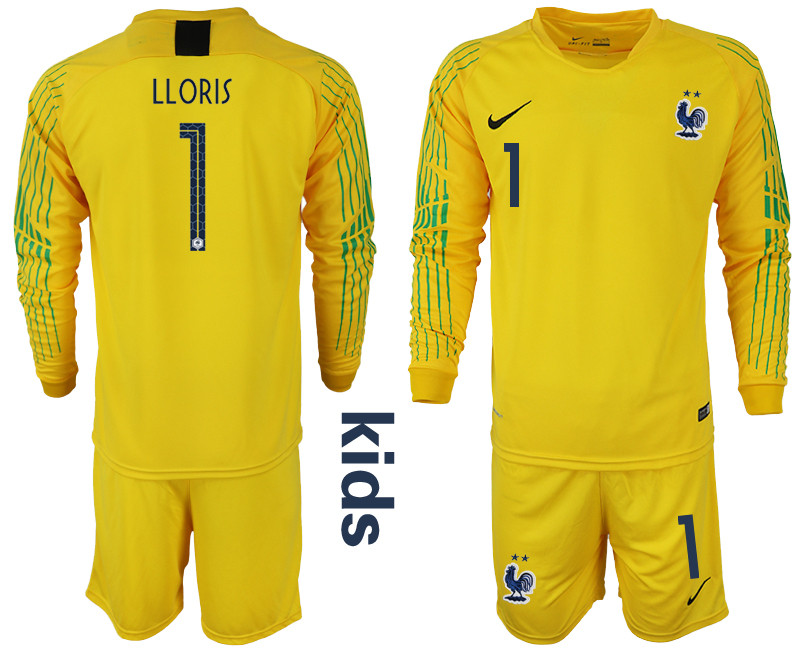 France 1 LLORIS Yellow 2 Star Youth 2018 FIFA World Cup Goalkeeper Soccer Jersey