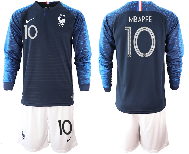 France 10 MBAPPE 2 Star Home Long Sleeve 2018 FIFA World Cup Soccer Jersey
