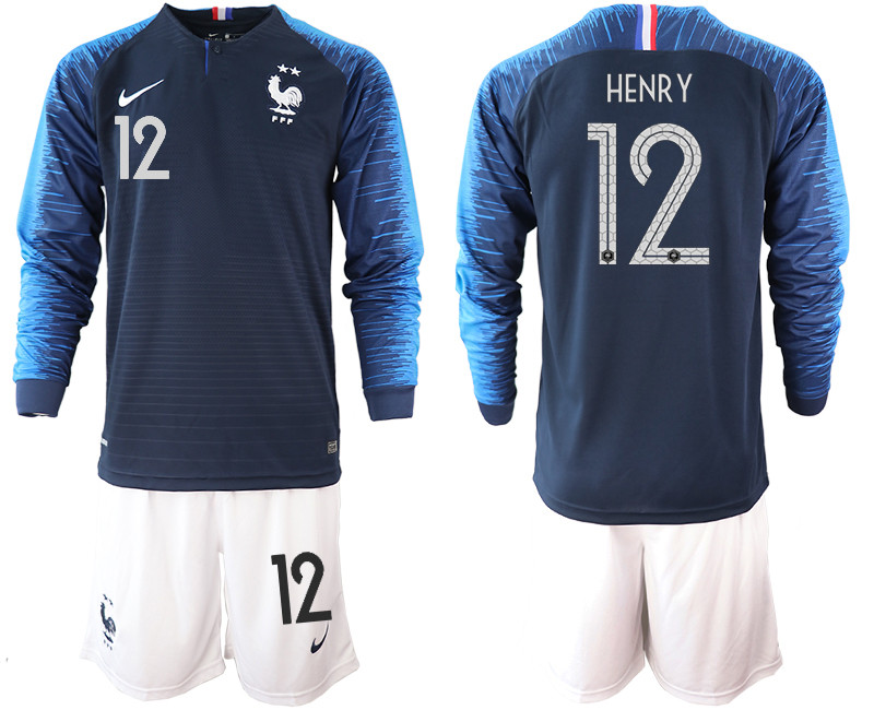 France 12 HENRY 2 Star Home Long Sleeve 2018 FIFA World Cup Soccer Jersey