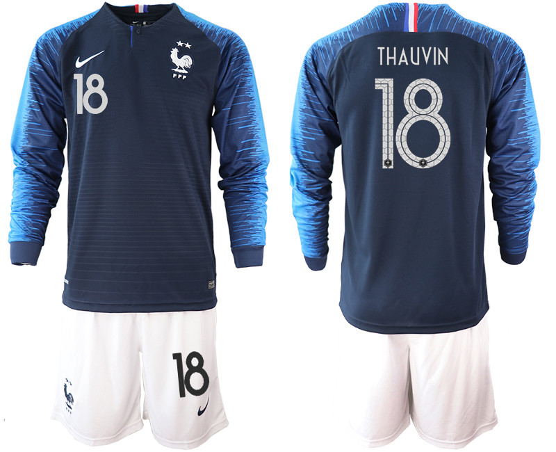 France 18 THAUVIN 2 Star Home Long Sleeve 2018 FIFA World Cup Soccer Jersey
