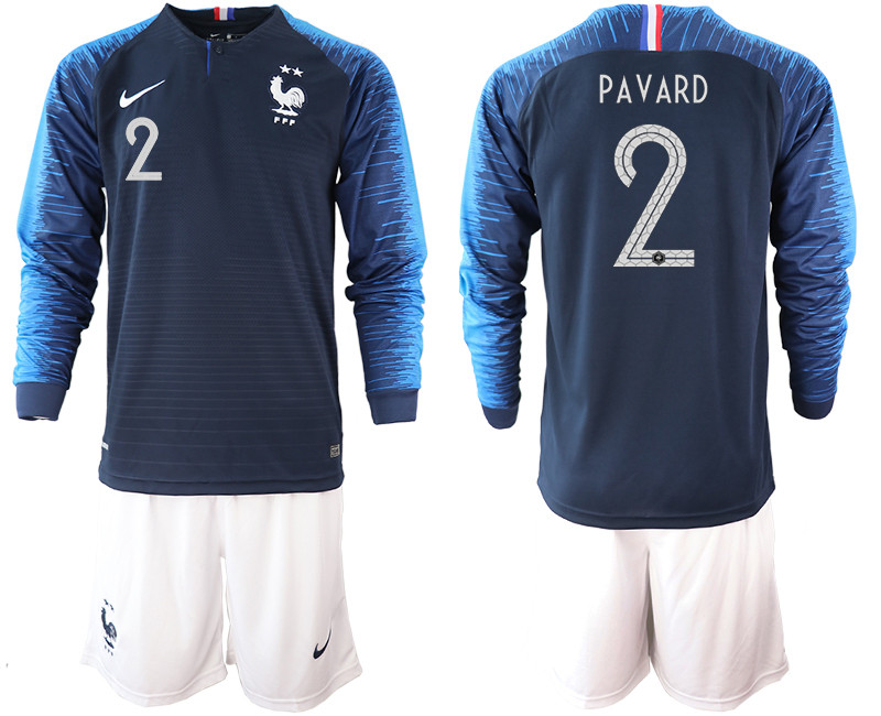 France 2 PAVARD 2 Star Home Long Sleeve 2018 FIFA World Cup Soccer Jersey